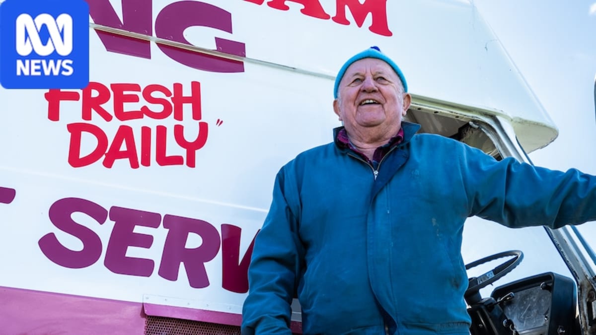 Alex Deak, 86, stands beside his pink and white vintage ice cream van in Mount Gambier
