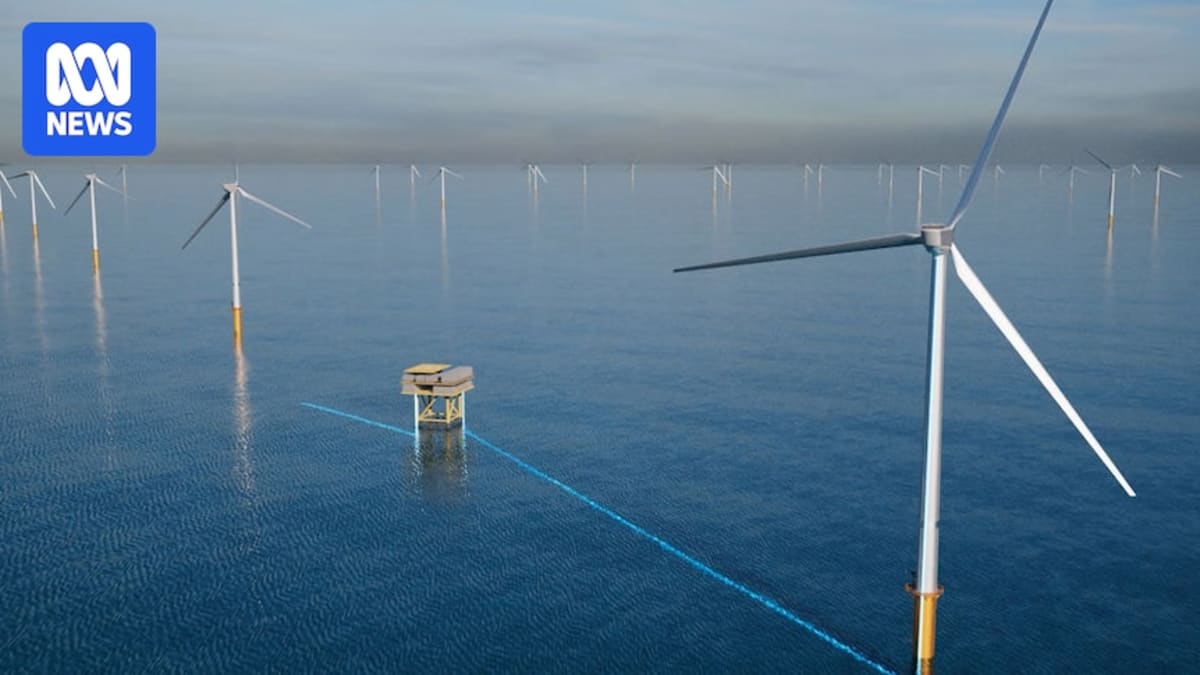 Offshore wind turbines rising from ocean waters off Victoria's Gippsland coast in Australia