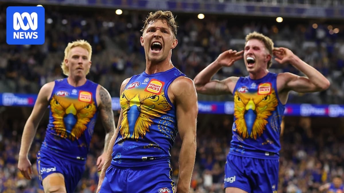 ** Young AFL player Harley Reid celebrating during West Coast Eagles comeback victory at Perth Stadium