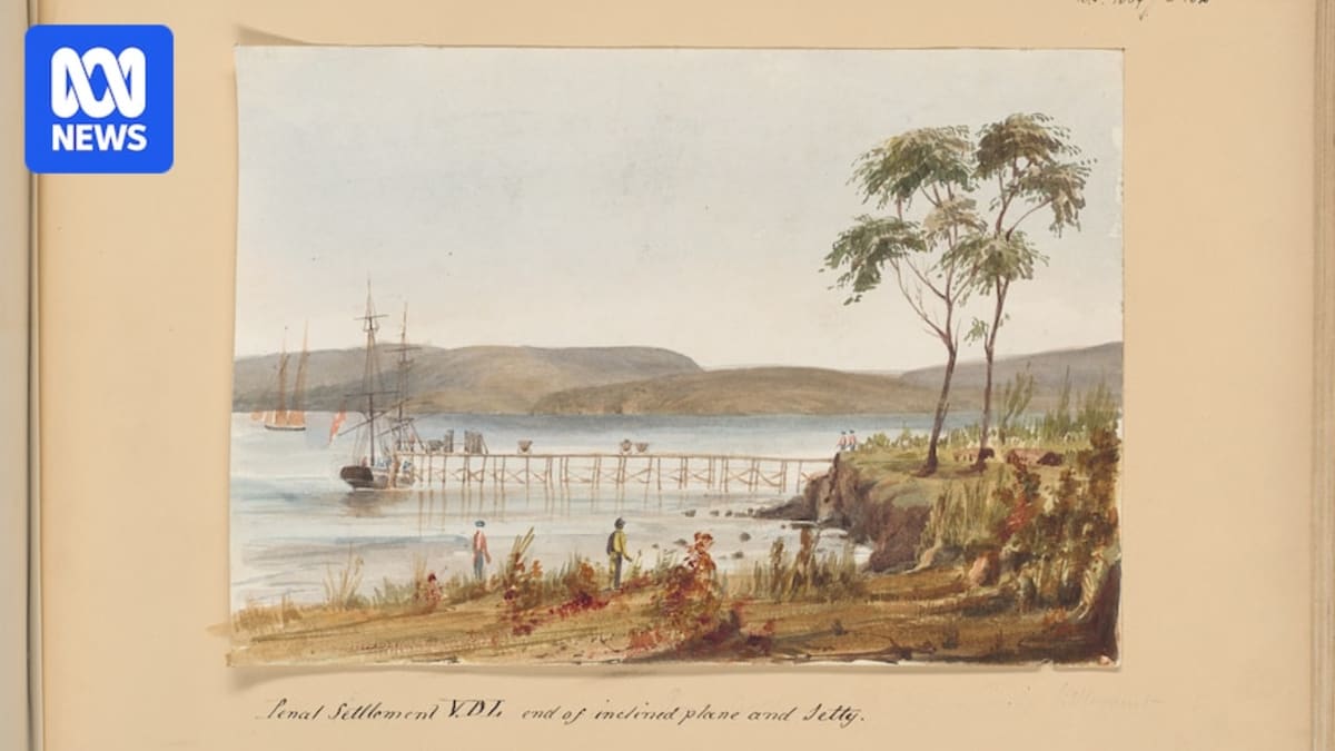 Watercolor painting by Owen Stanley showing three sailing vessels including the ship Britomart from the 1800s