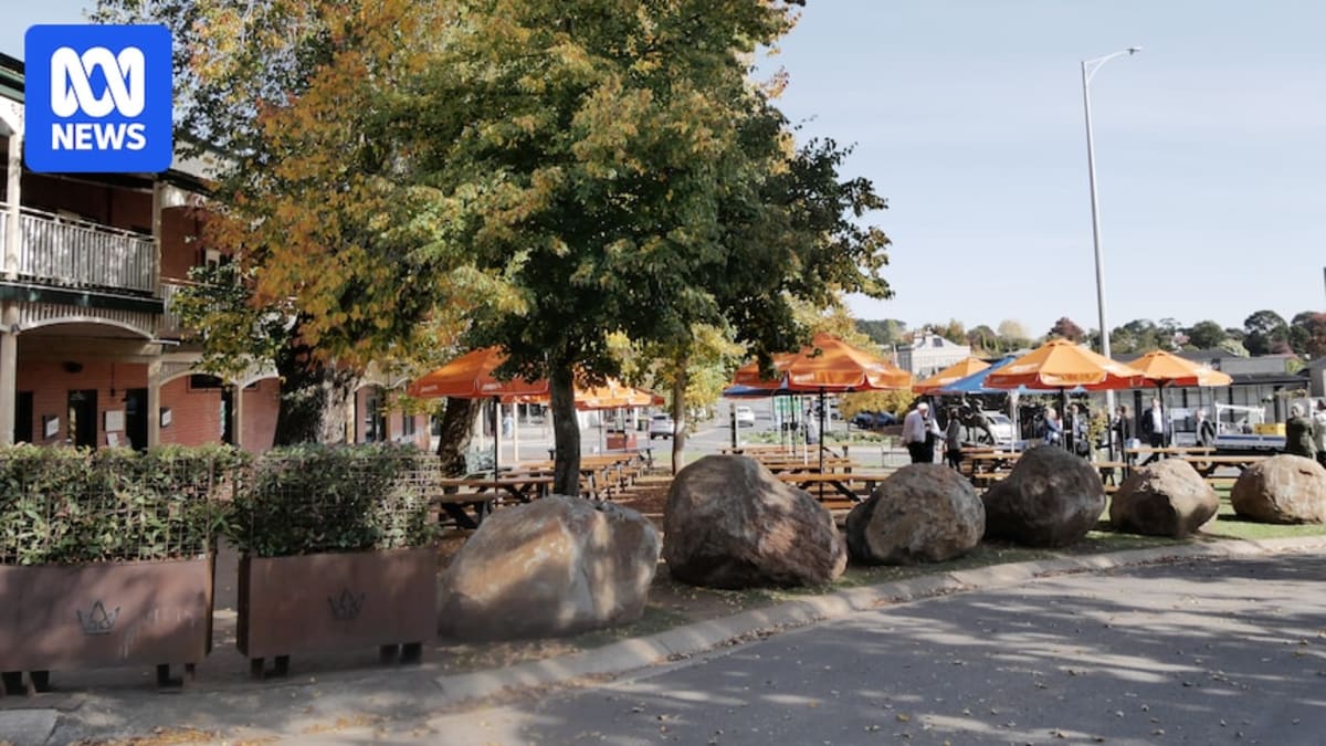 Daylesford intersection with road barriers and pedestrian area under development in Victoria, Australia