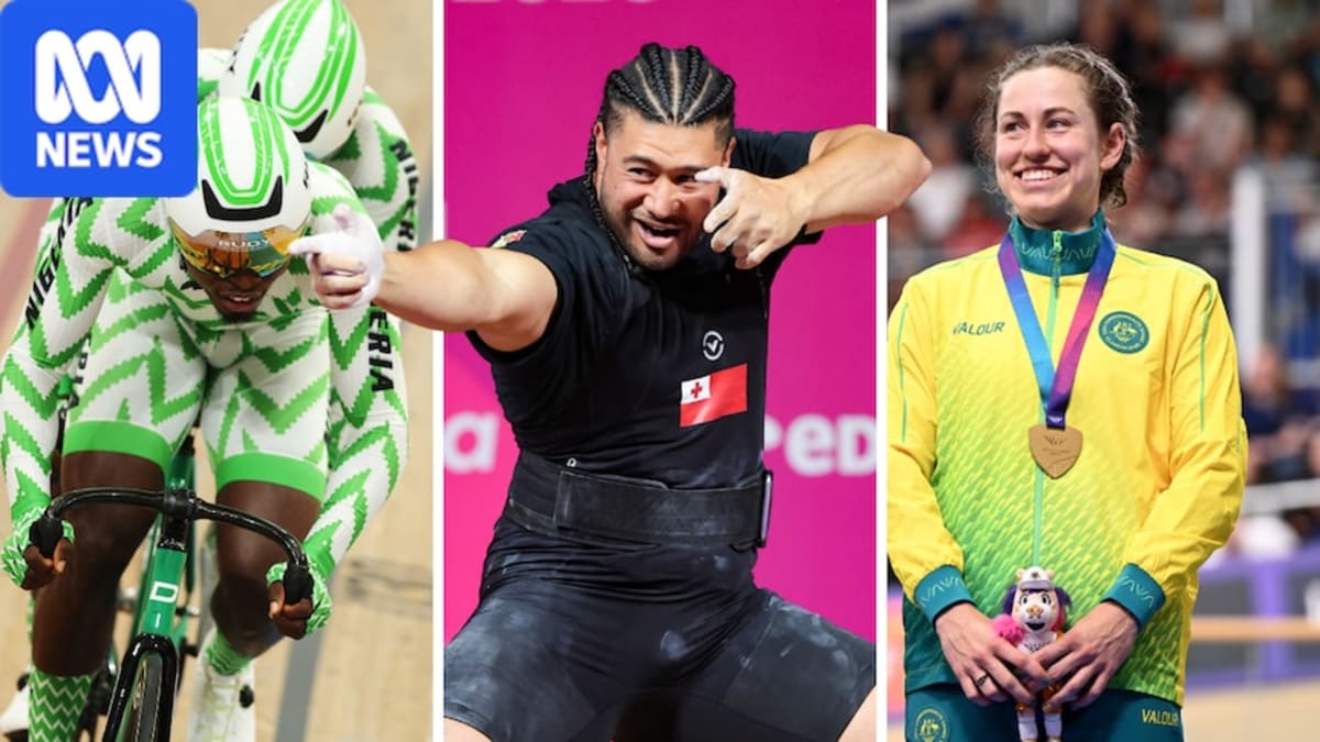 Tongan weightlifter Joshua Uikilifi celebrates with enthusiastic dance moves at Commonwealth Games competition