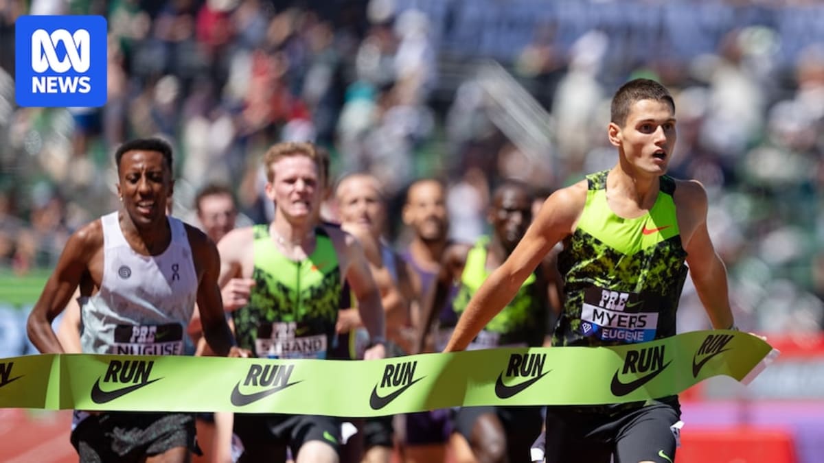 Cameron Myers racing on track at Hayward Field in Eugene, Oregon Diamond League meet