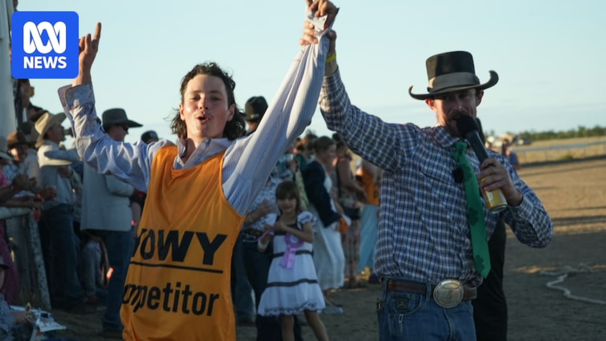 Young cattle workers competing in outdoor obstacle course at remote Australian outback races
