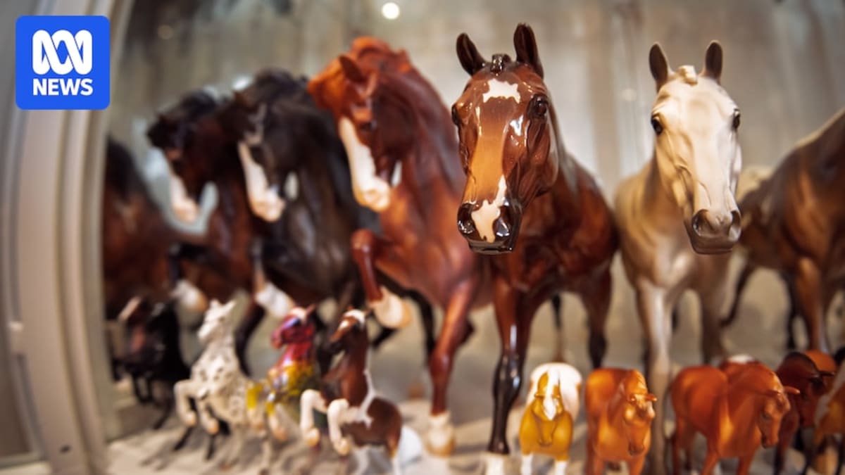 Collection of handpainted model horses displayed with miniature saddles and rider figurines