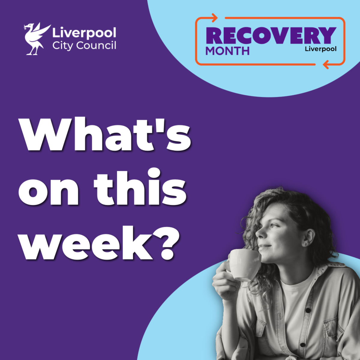 Purple graphic promoting Recovery Month events with person enjoying tea peacefully