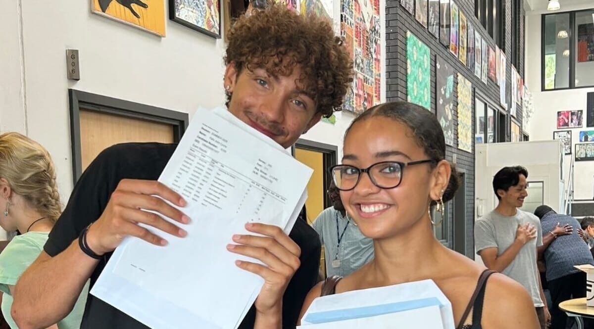 Smiling students celebrating their GCSE exam results at The Norwood School in Lambeth