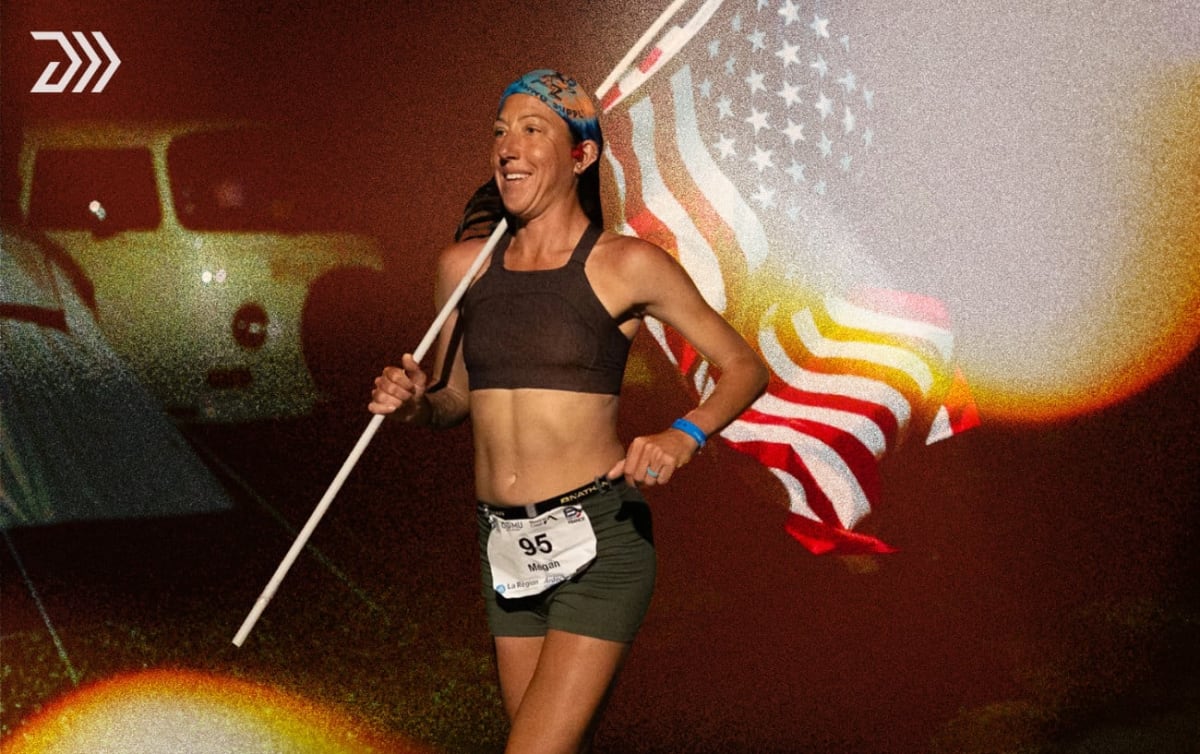 Female ultrarunner Megan Eckert running on lakeside path during multi-day endurance race in Hungary