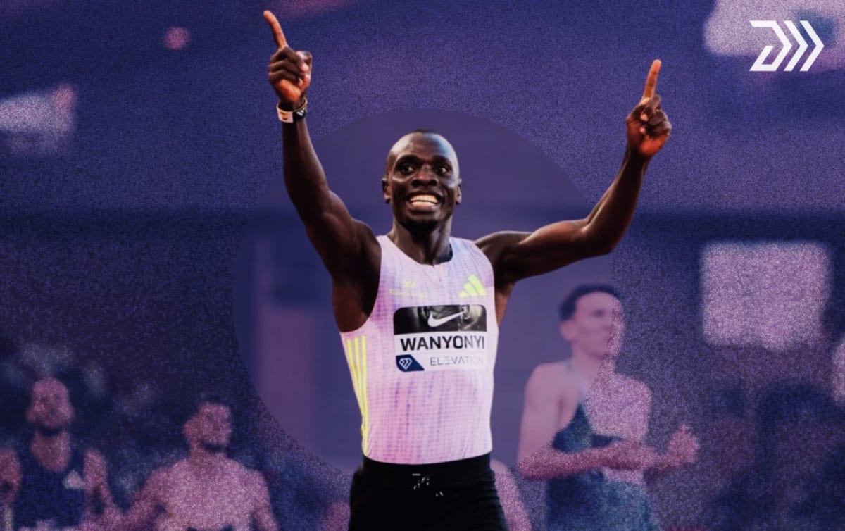 Emmanuel Wanyonyi celebrating after breaking the 1000-meter world record at Monaco Diamond League