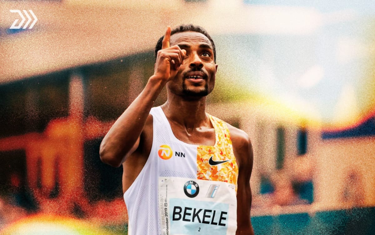 Ethiopian marathon runner Kenenisa Bekele competing on a race course in his running gear