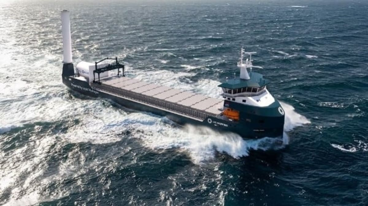 Modern cargo ship design rendering showing hydrogen-powered bulk carrier for Baltic Sea routes