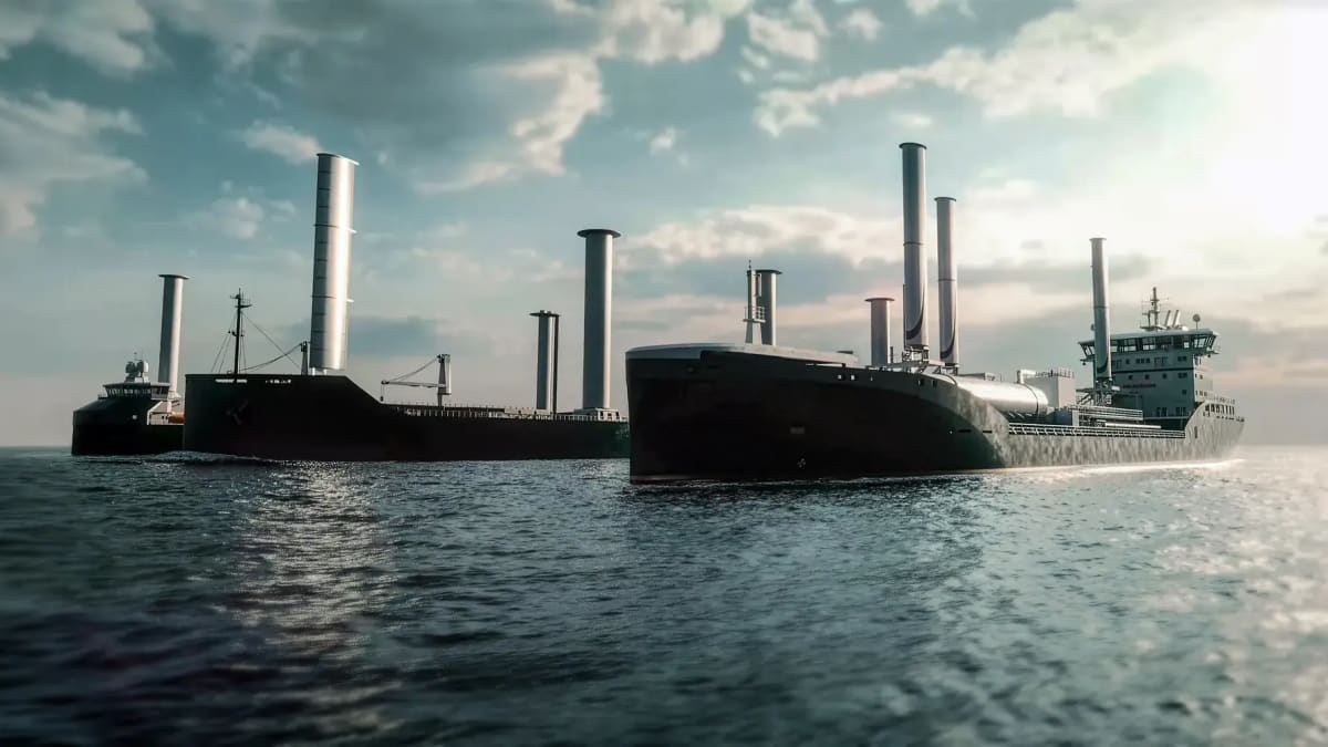 Modern cargo ship equipped with tall rotor sails alongside traditional smokestack on ocean waters
