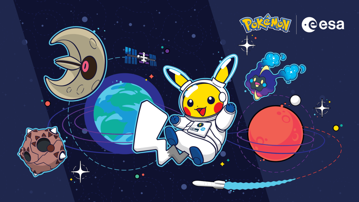 Pikachu plush in ESA astronaut spacesuit floating aboard the International Space Station