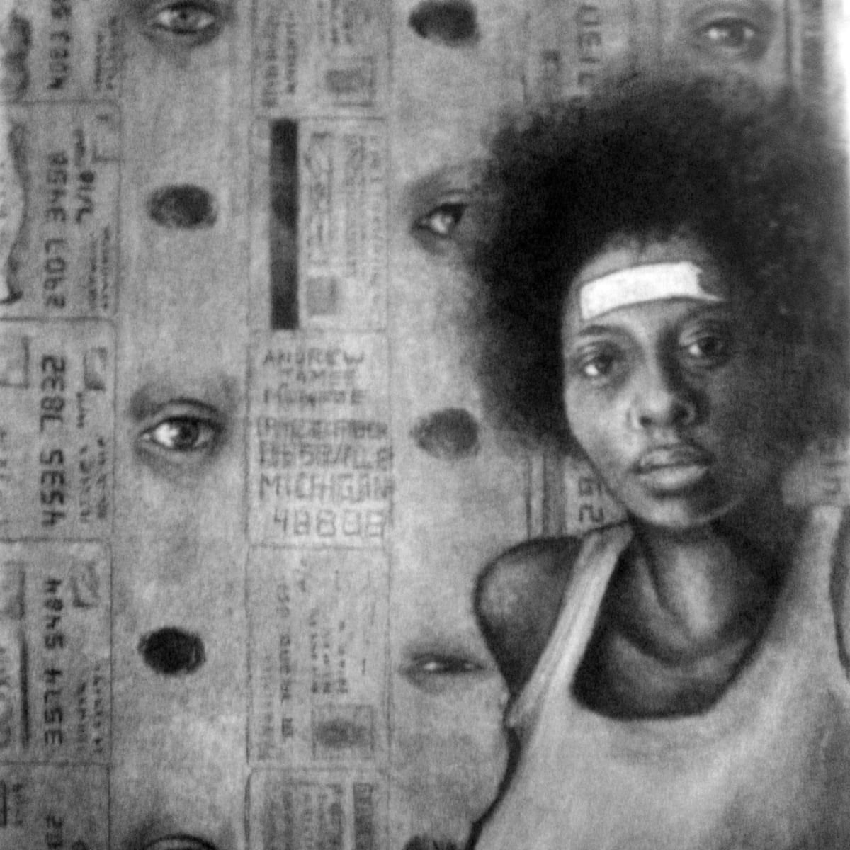 Charcoal drawing showing Black woman's face with powerful gaze and identity-related imagery