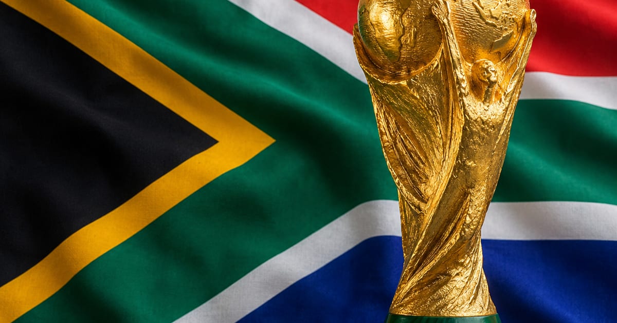 South African soccer players celebrating together on field after World Cup victory
