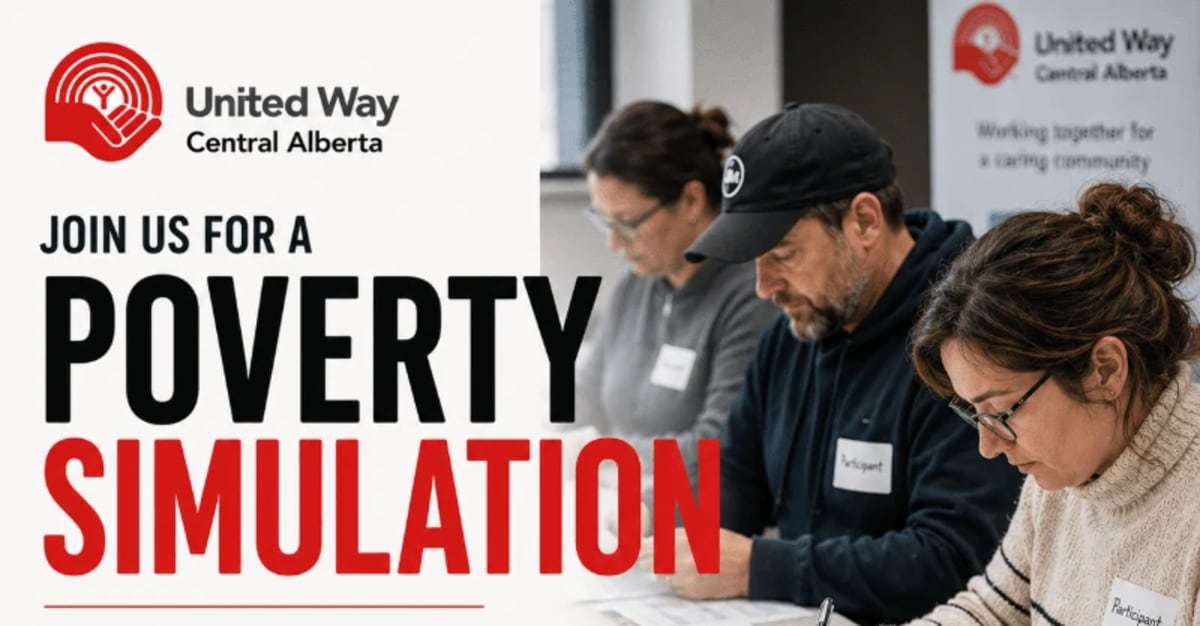 Community members participating in interactive poverty simulation exercise at Red Deer YMCA
