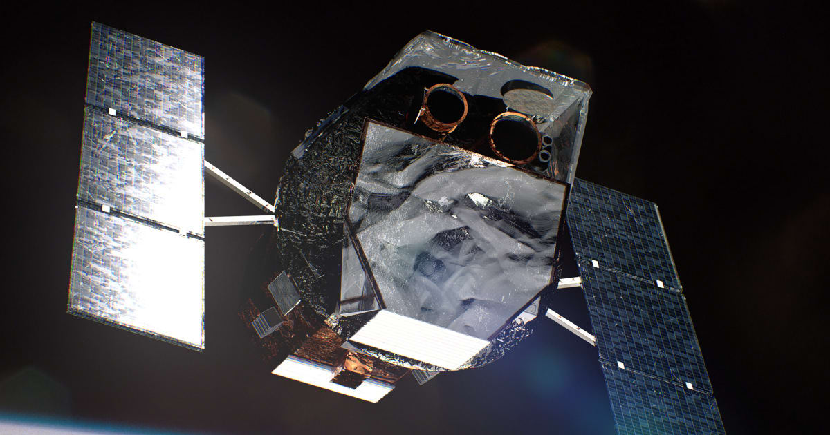 ** NASA's Swift Observatory satellite orbiting Earth against backdrop of space studying distant cosmic explosions