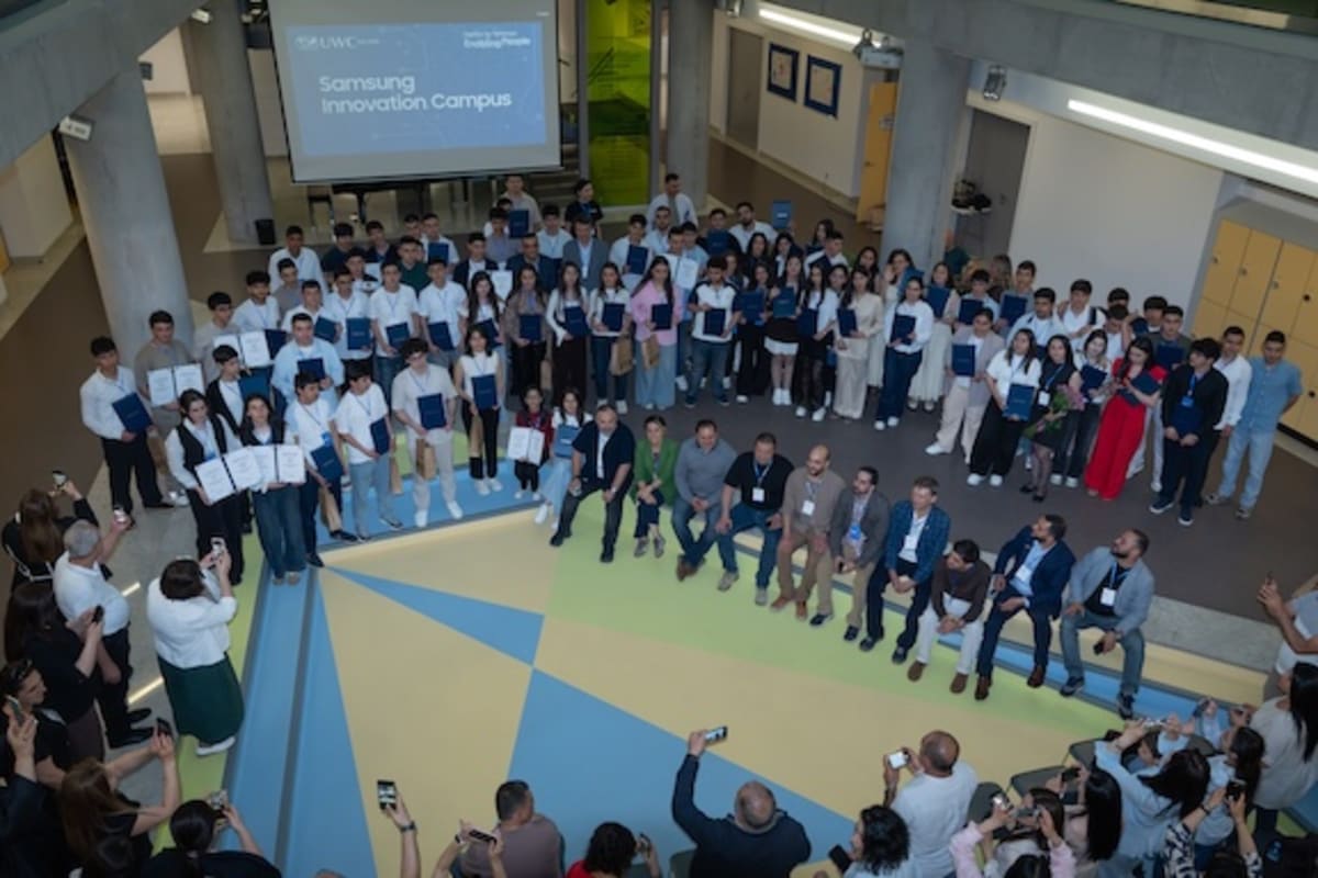 Graduates in caps and gowns celebrating at Samsung Innovation Campus in Dilijan, Armenia