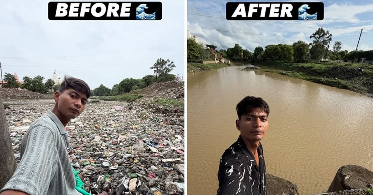Young man standing beside cleaned river section with before and after comparison view