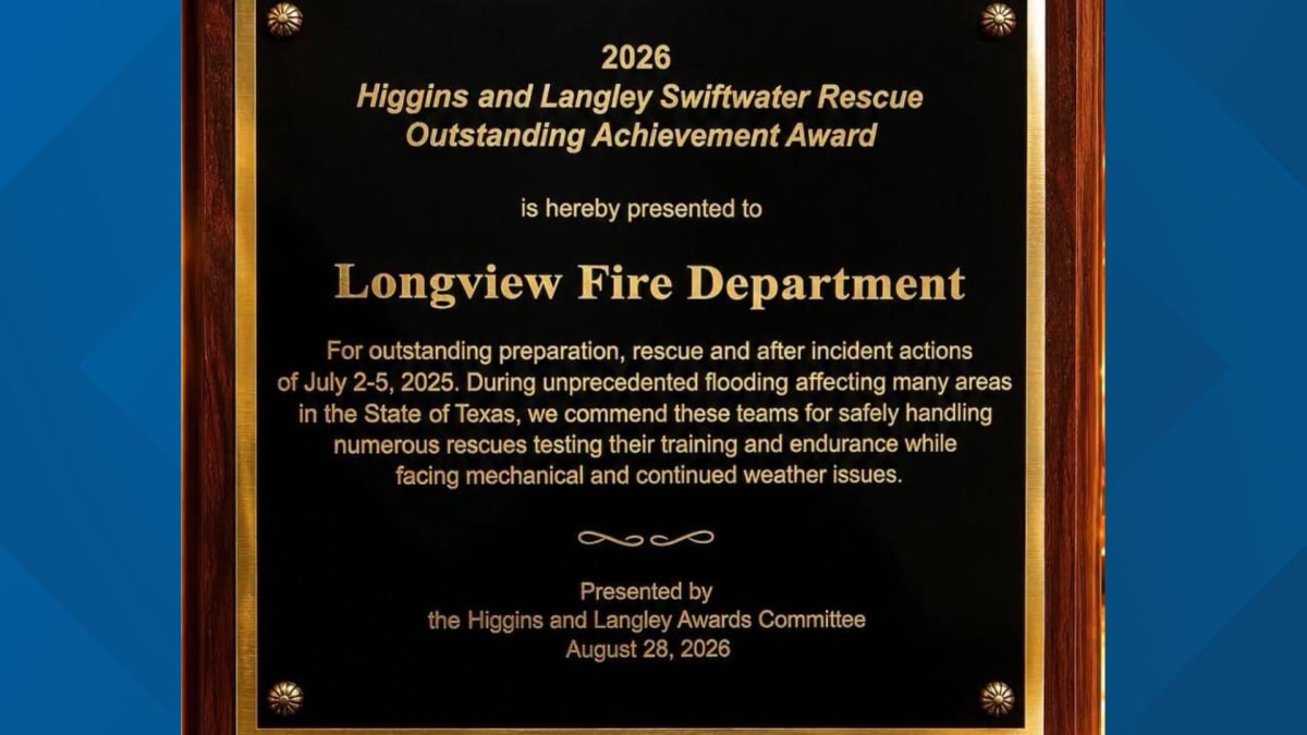 Eight Longview Texas firefighters in uniform standing together after receiving prestigious rescue award