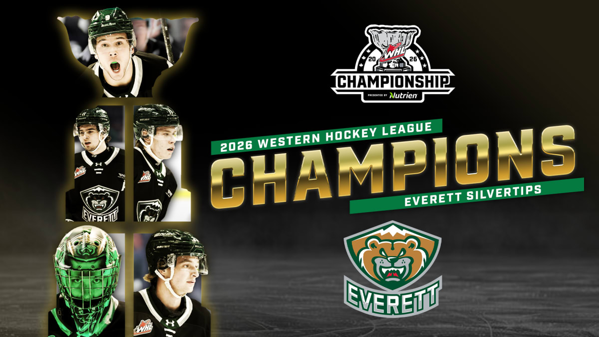 Everett Silvertips hockey team celebrating with Ed Chynoweth Cup after championship victory