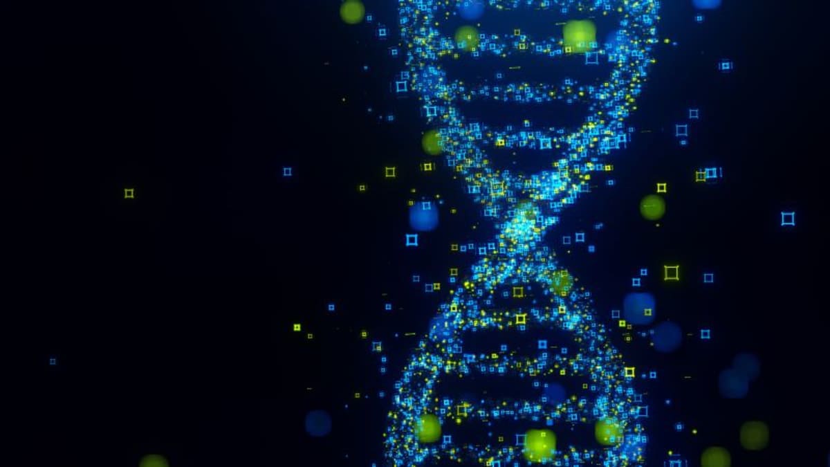 Digital illustration showing DNA double helix with ancestral human silhouettes emerging from genetic code