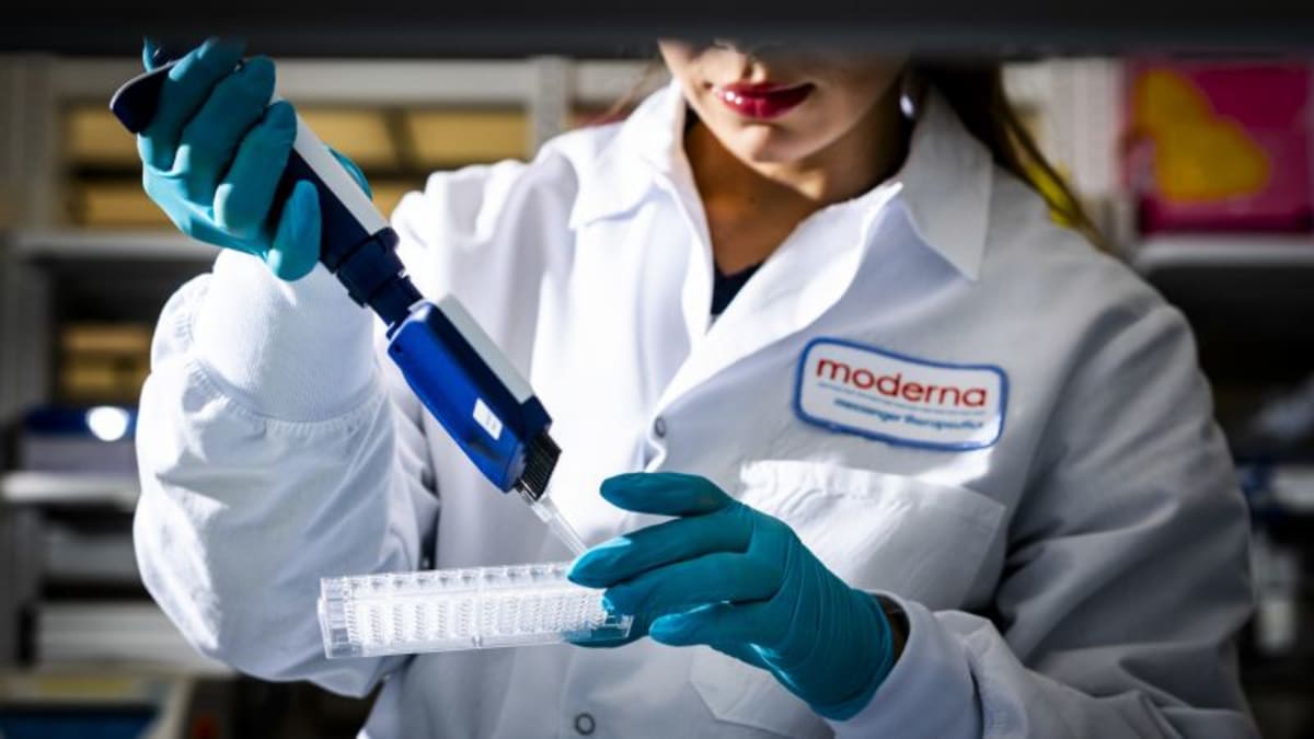 Medical vial of mRNA flu vaccine developed by Moderna for adults over fifty