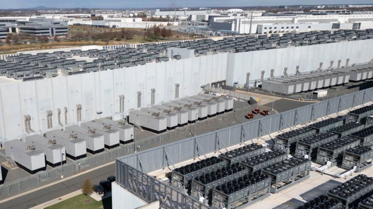 Aerial view of cooling fans and backup generators atop Virginia data center facility