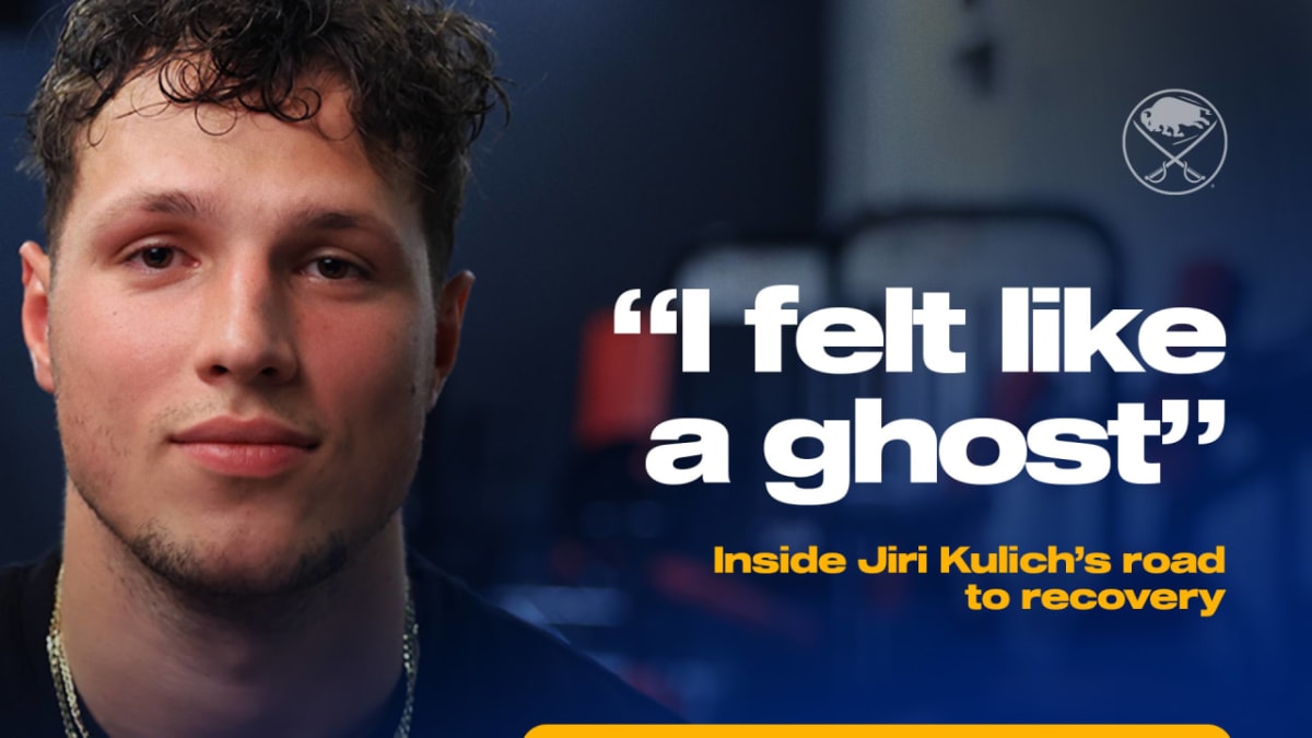 Young hockey player Jiri Kulich in Buffalo Sabres uniform skating confidently on ice