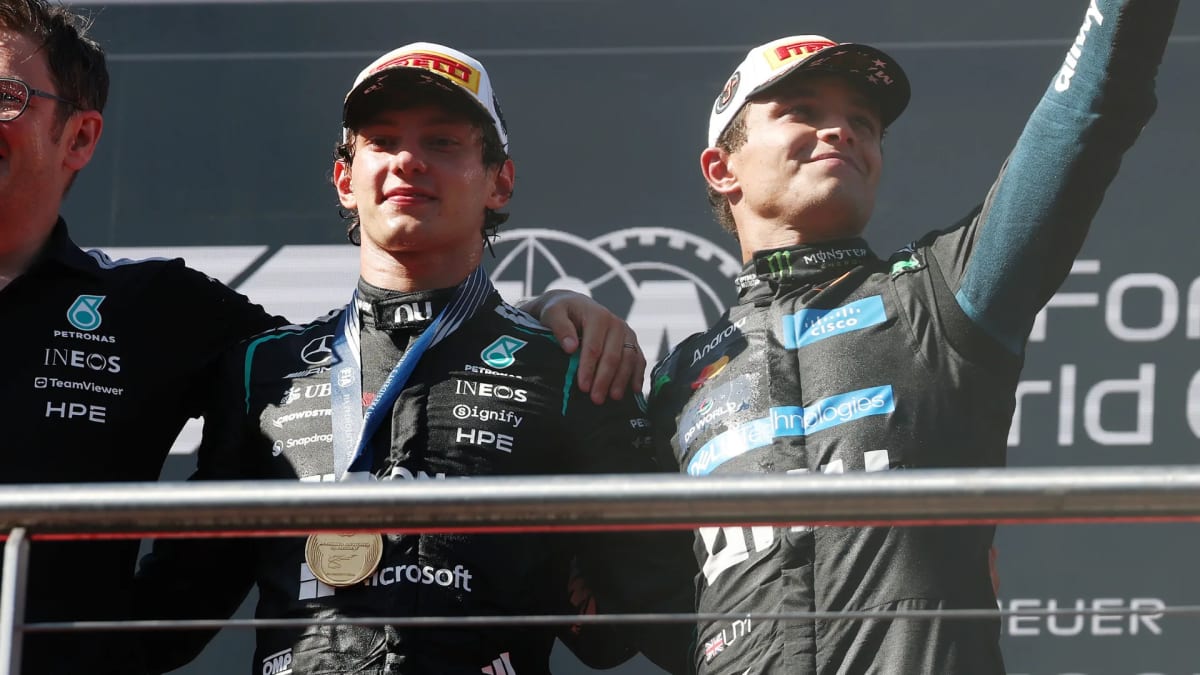Kimi Antonelli on podium after Spanish Grand Prix victory showing gracious sportsmanship
