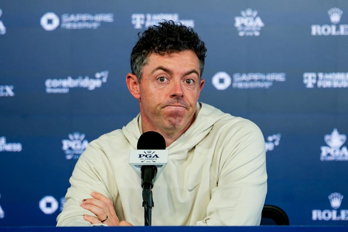 Rory McIlroy speaking to media at Aronimink Golf Club during PGA Championship practice round