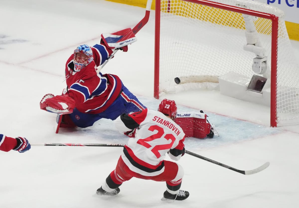 Carolina Hurricanes players celebrate goal during Eastern Conference Final playoff game against Montreal