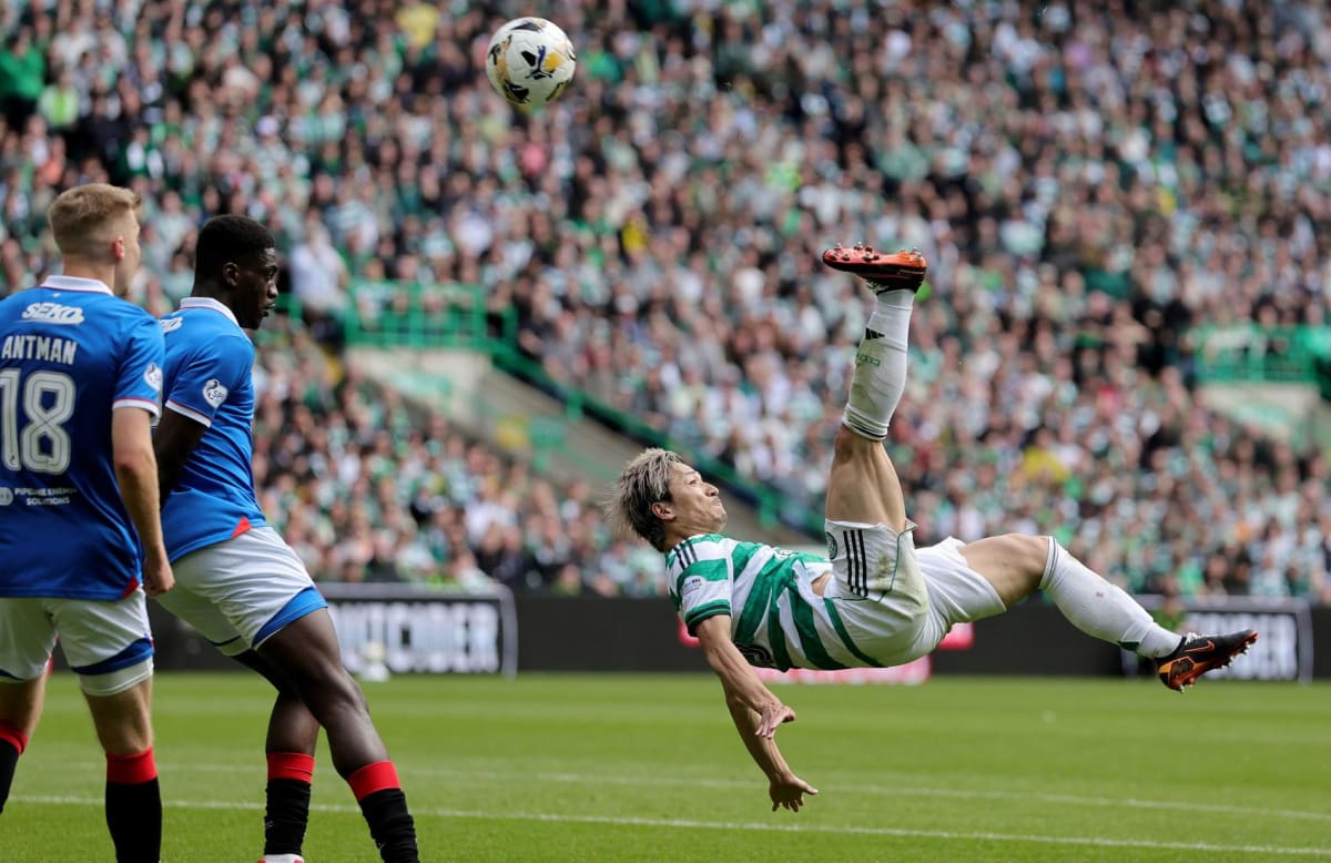Daizen Maeda performs acrobatic overhead kick during Celtic versus Rangers Old Firm derby match