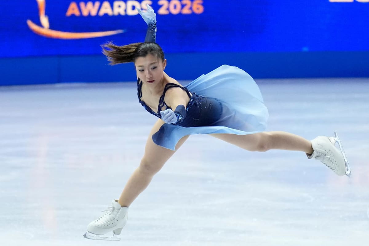 Kaori Sakamoto performs her short program at World Figure Skating Championships in Prague