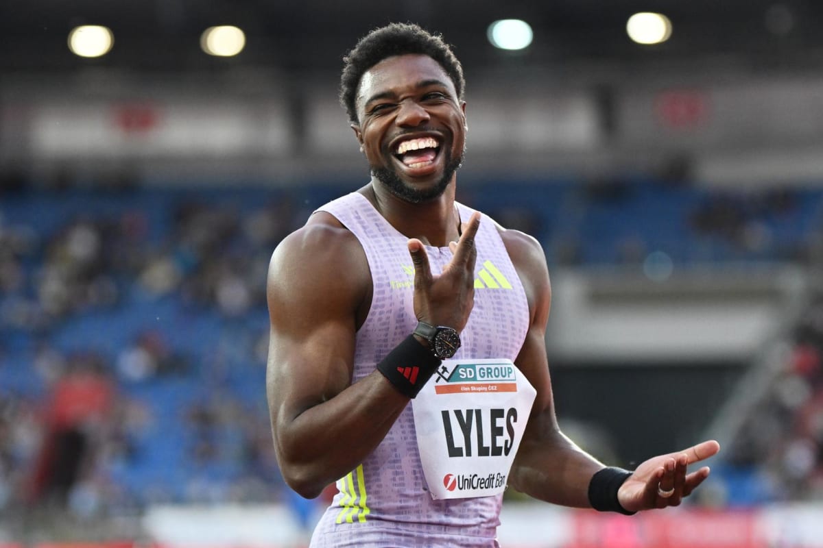Noah Lyles celebrates after winning the 150 meter race at Golden Spike meet in Czech Republic