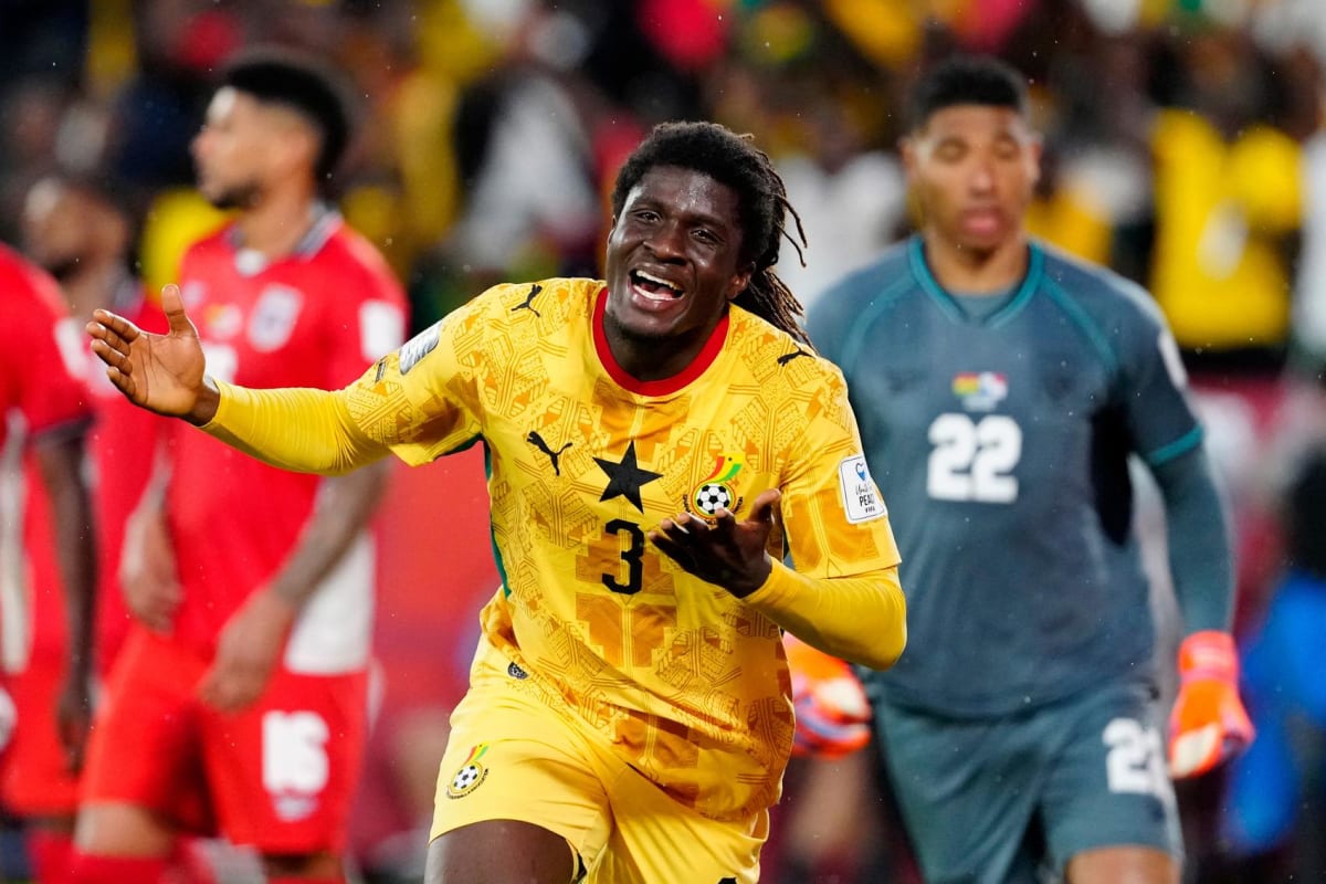 Ghana's Caleb Yirenkyi celebrates scoring the winning goal against Panama at 2026 World Cup