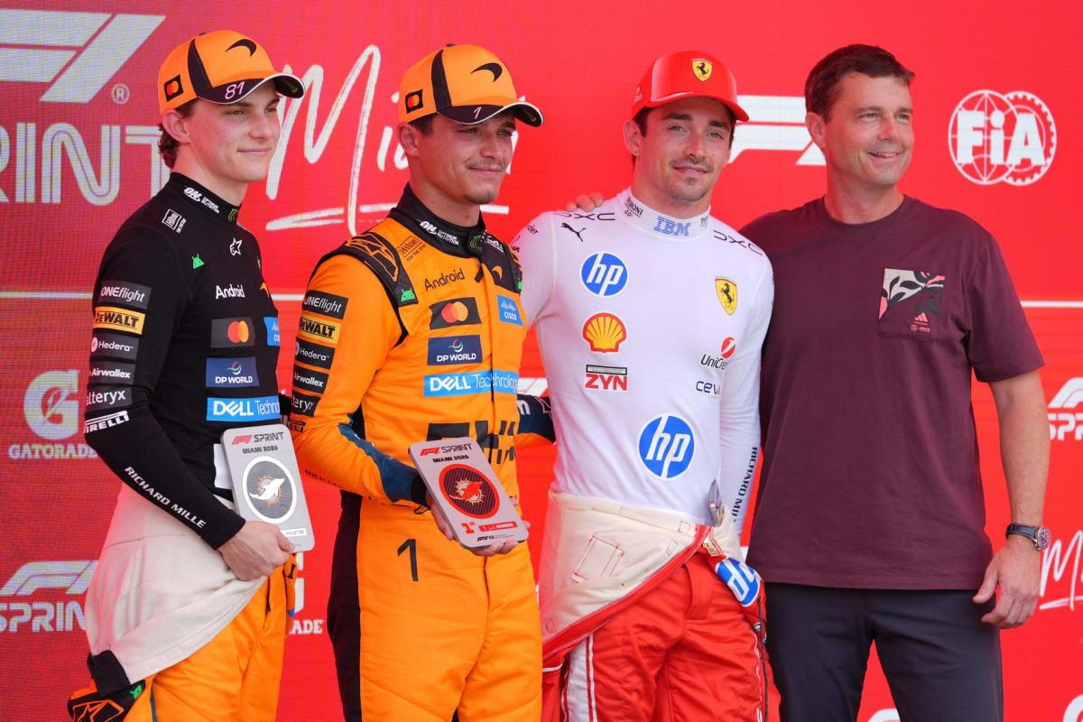 McLaren drivers Lando Norris and Oscar Piastri celebrate 1-2 finish at Miami Grand Prix sprint race