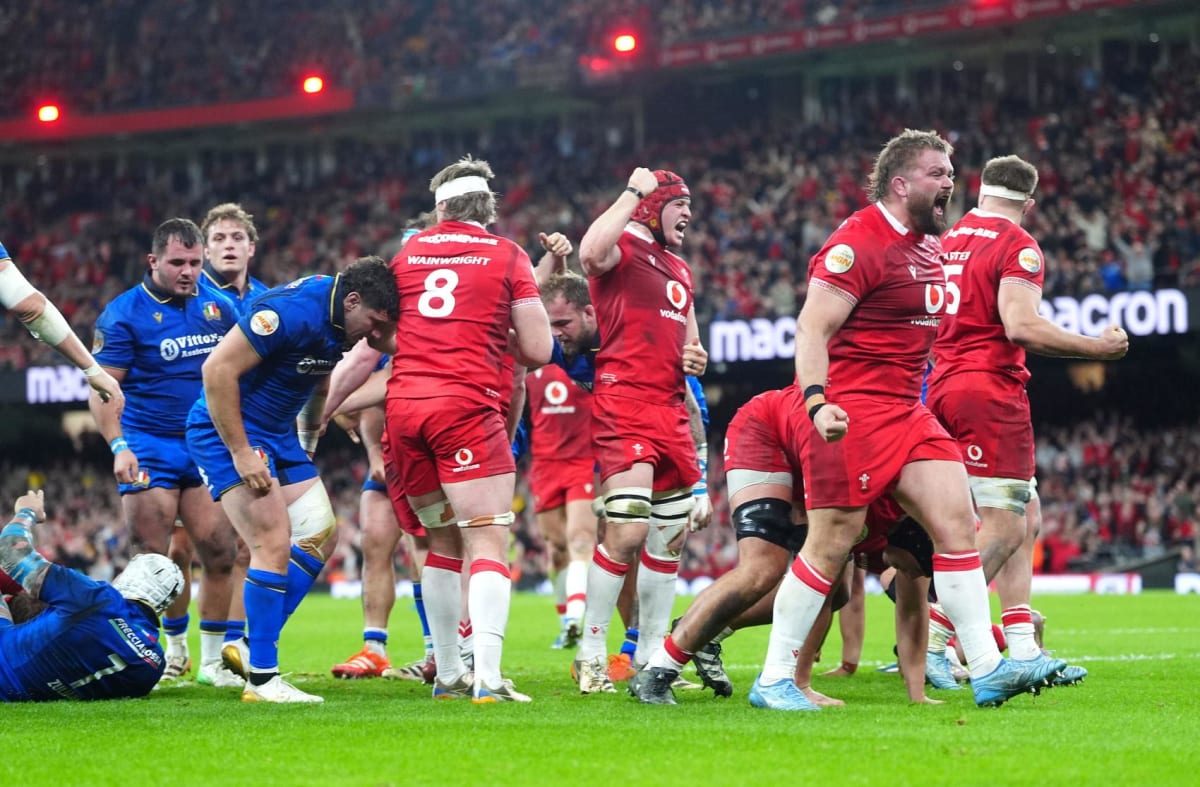 Wales rugby players celebrating during their Six Nations victory over Italy at Principality Stadium in Cardiff