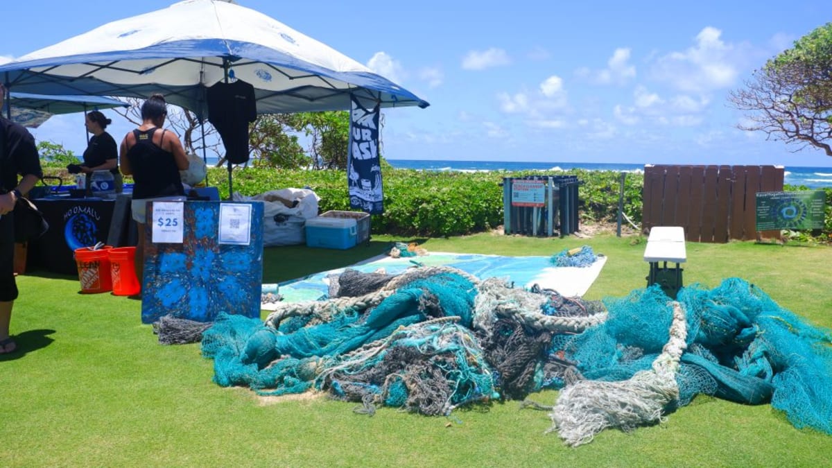 Volunteers displaying massive fishing net removed from ocean waters near Kauai coastline