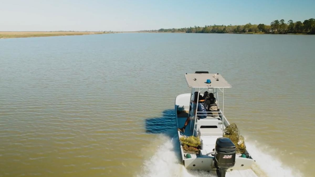 Volunteers hauling stacked abandoned wire crab traps from Texas coastal waters onto boat