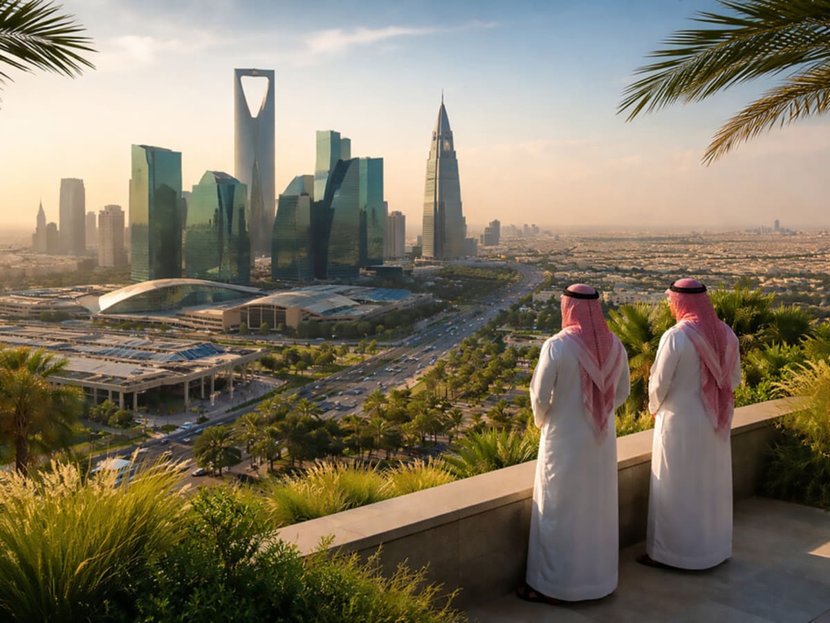 Modern Saudi Arabian skyline with tourists visiting cultural landmarks and solar panels