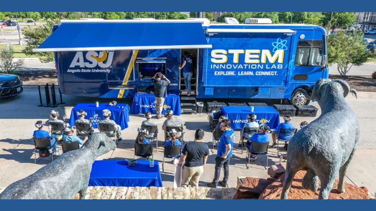 Mobile STEM Innovation Lab vehicle with technology equipment for visiting West Texas schools