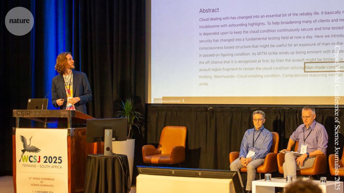 Researcher Lonni Besançon speaking at podium during science journalism conference in Pretoria