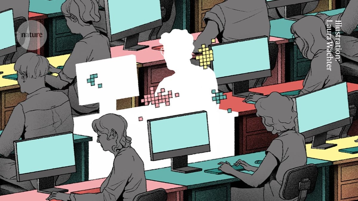 Illustration showing diverse workers at computers with upward trending employment graphs in background