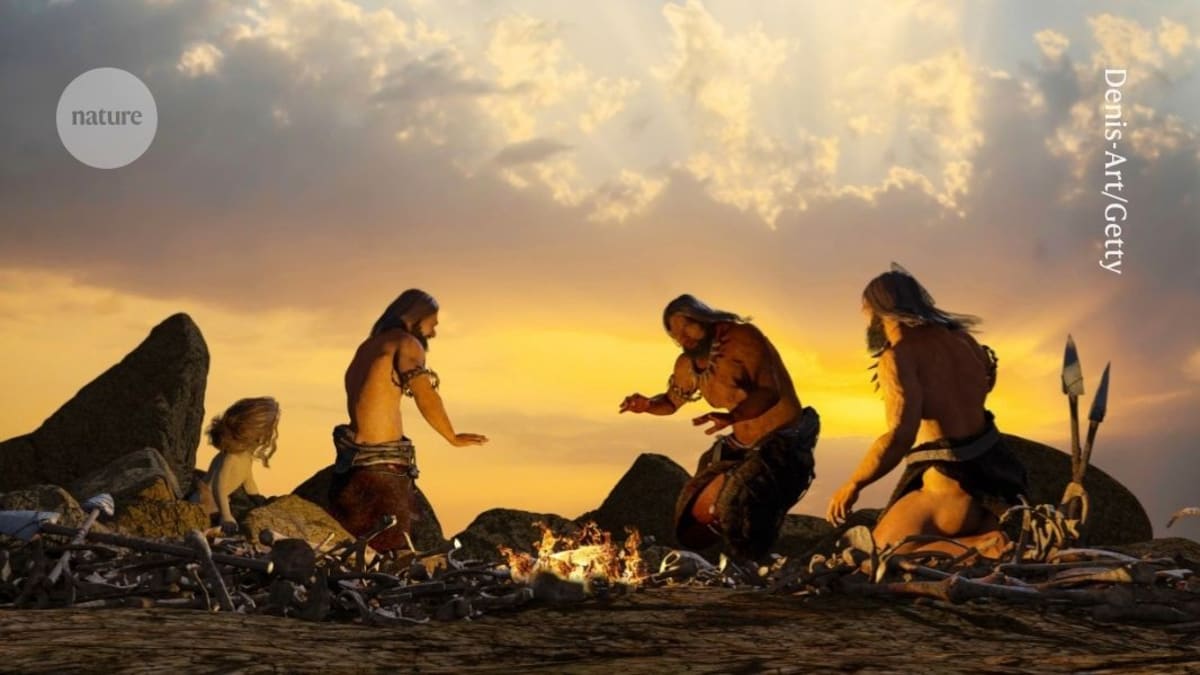 Scientific illustration showing DNA double helix intertwined with ancient human population imagery