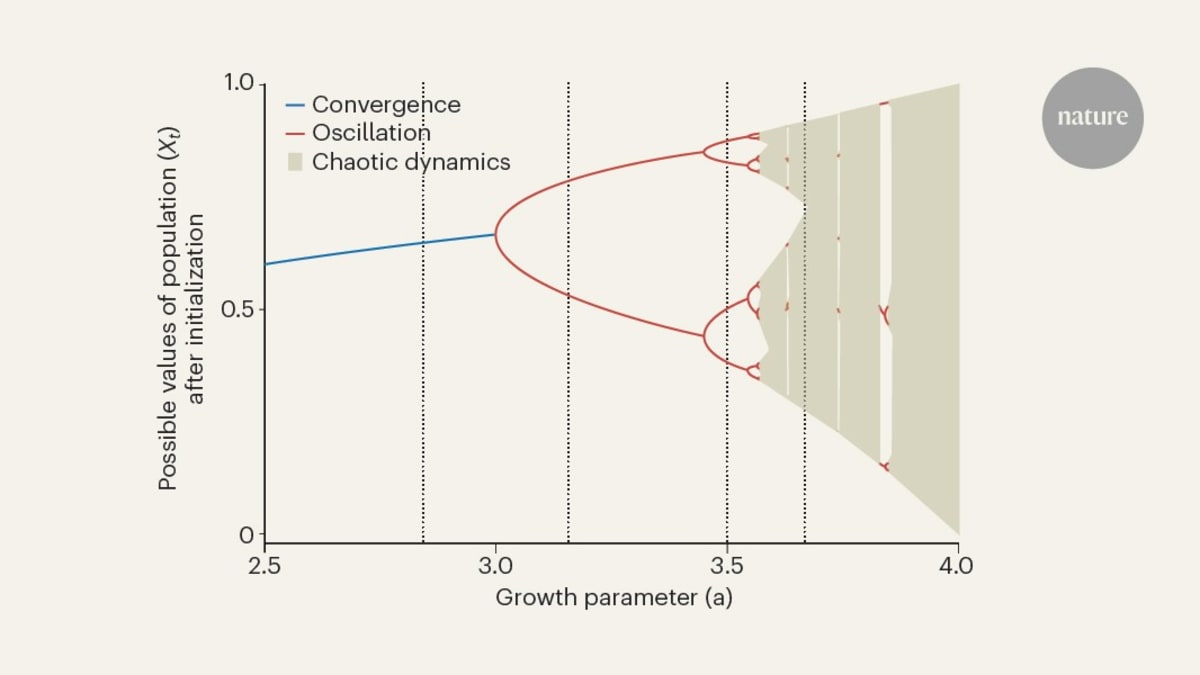 ** Abstract mathematical equations overlaid on natural biological patterns showing chaos theory principles