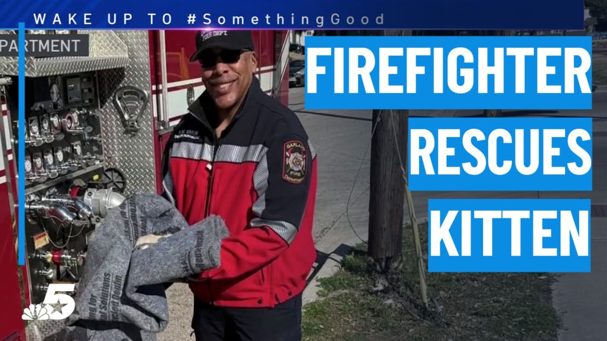 ** Garland firefighter Frank Simons gently holding rescued kitten during his final shift before retirement