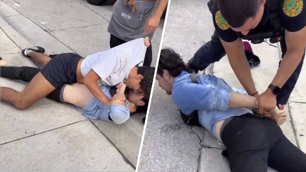 Good Samaritan holding jewelry theft suspect on Miami street while waiting for police