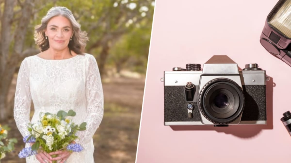Vintage Rollei film camera with overlapping double exposure photograph showing wedding celebration and late father