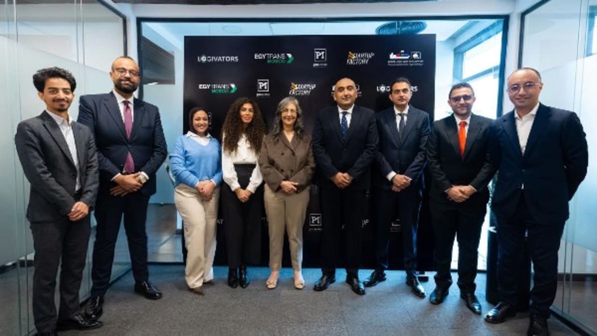 Egyptian logistics workers collaborating with startup technology developers at modern shipping facility